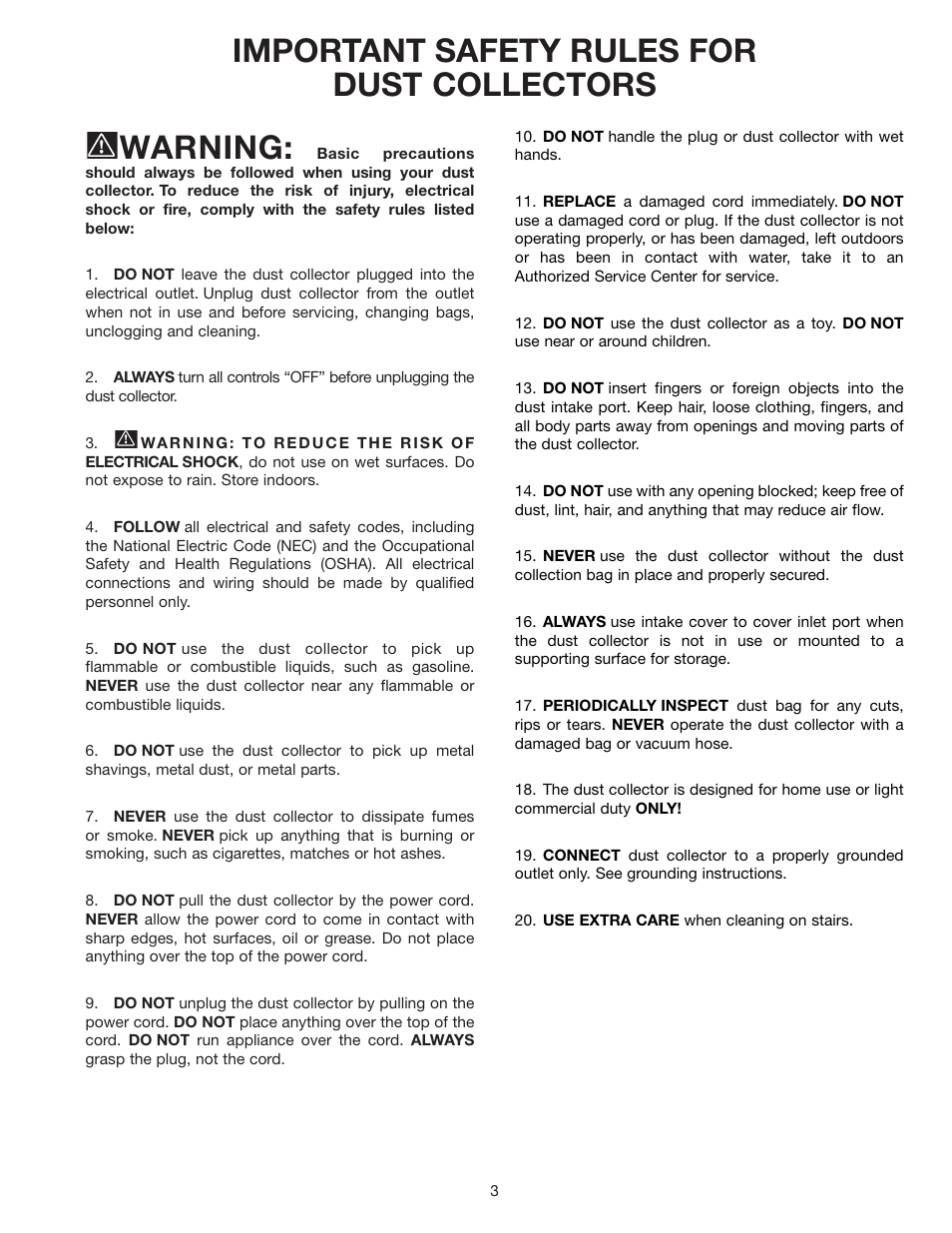 Important safety rules for dust collectors warning | Delta 50-775 User Manual | Page 3 / 12