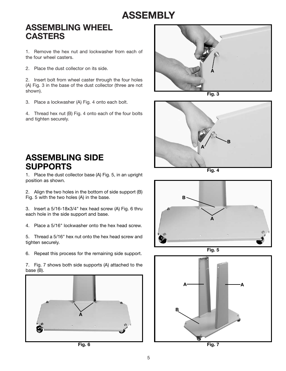 Assembly, Assembling wheel casters, Assembling side supports | Delta 50-775 User Manual | Page 5 / 12