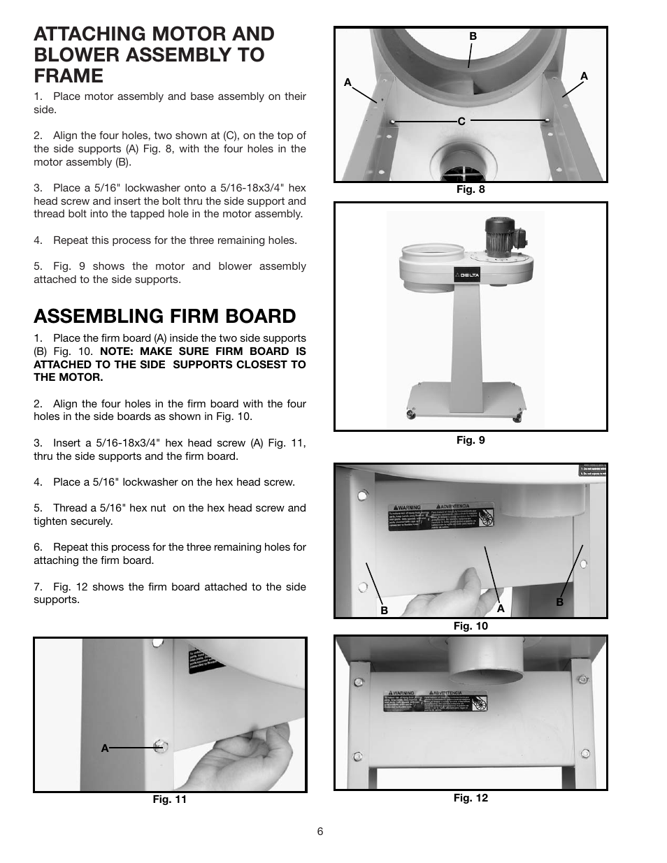 Attaching motor and blower assembly to frame, Assembling firm board | Delta 50-775 User Manual | Page 6 / 12