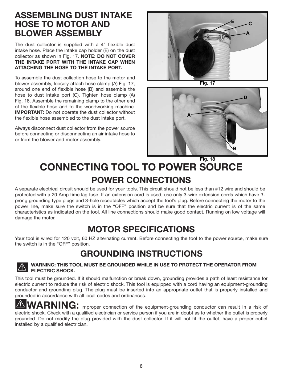 Connecting tool to power source, Warning, Power connections | Motor specifications, Grounding instructions | Delta 50-775 User Manual | Page 8 / 12