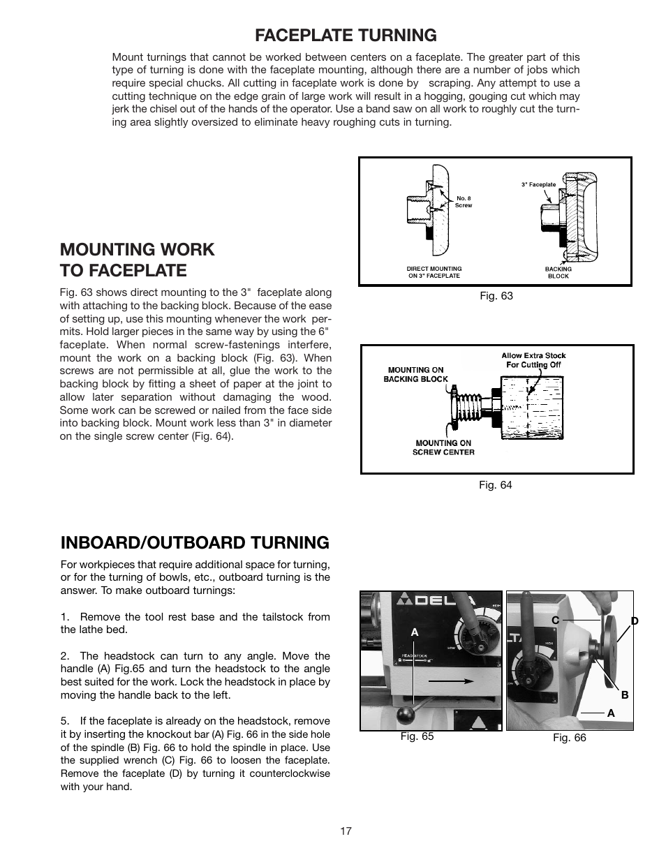 Faceplate turning, Mounting work to faceplate, Inboard/outboard turning | Delta 46-715 User Manual | Page 17 / 24