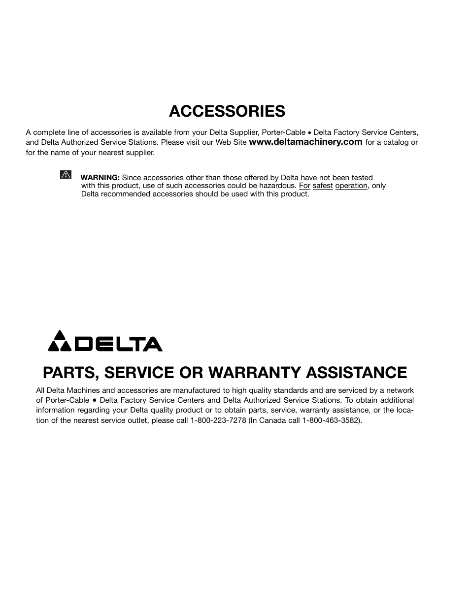 Accessories, Parts, service or warranty assistance | Delta 46-715 User Manual | Page 20 / 24