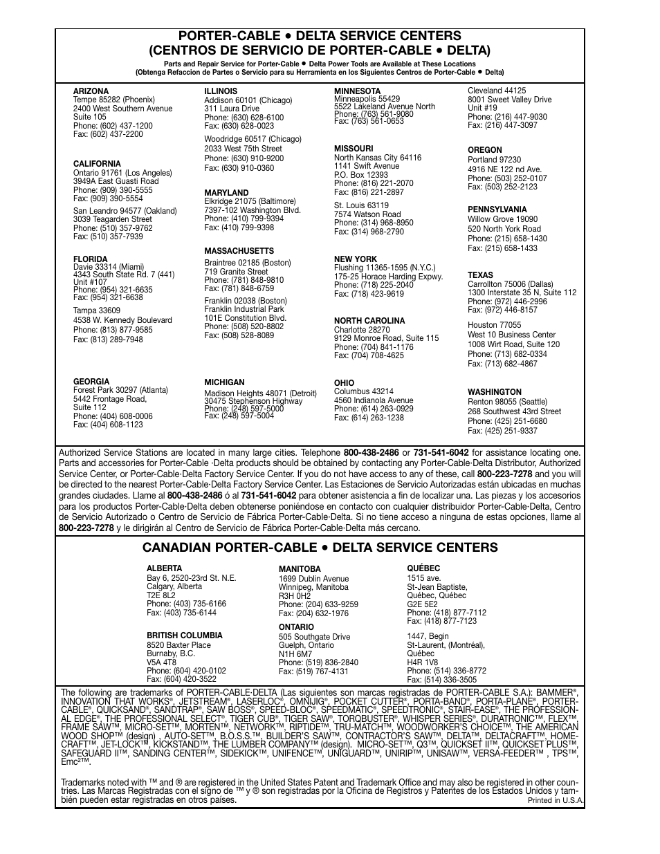 Porter-cable, Delta), Canadian porter-cable | Delta service centers | Delta 46-715 User Manual | Page 24 / 24