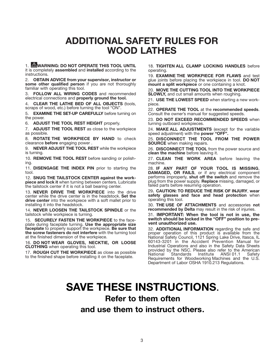 Save these instructions, Additional safety rules for wood lathes | Delta 46-715 User Manual | Page 3 / 24