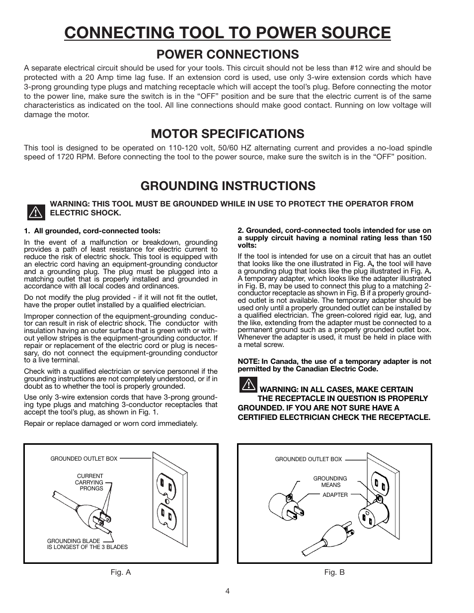 Connecting tool to power source, Power connections, Motor specifications | Grounding instructions | Delta 46-715 User Manual | Page 4 / 24