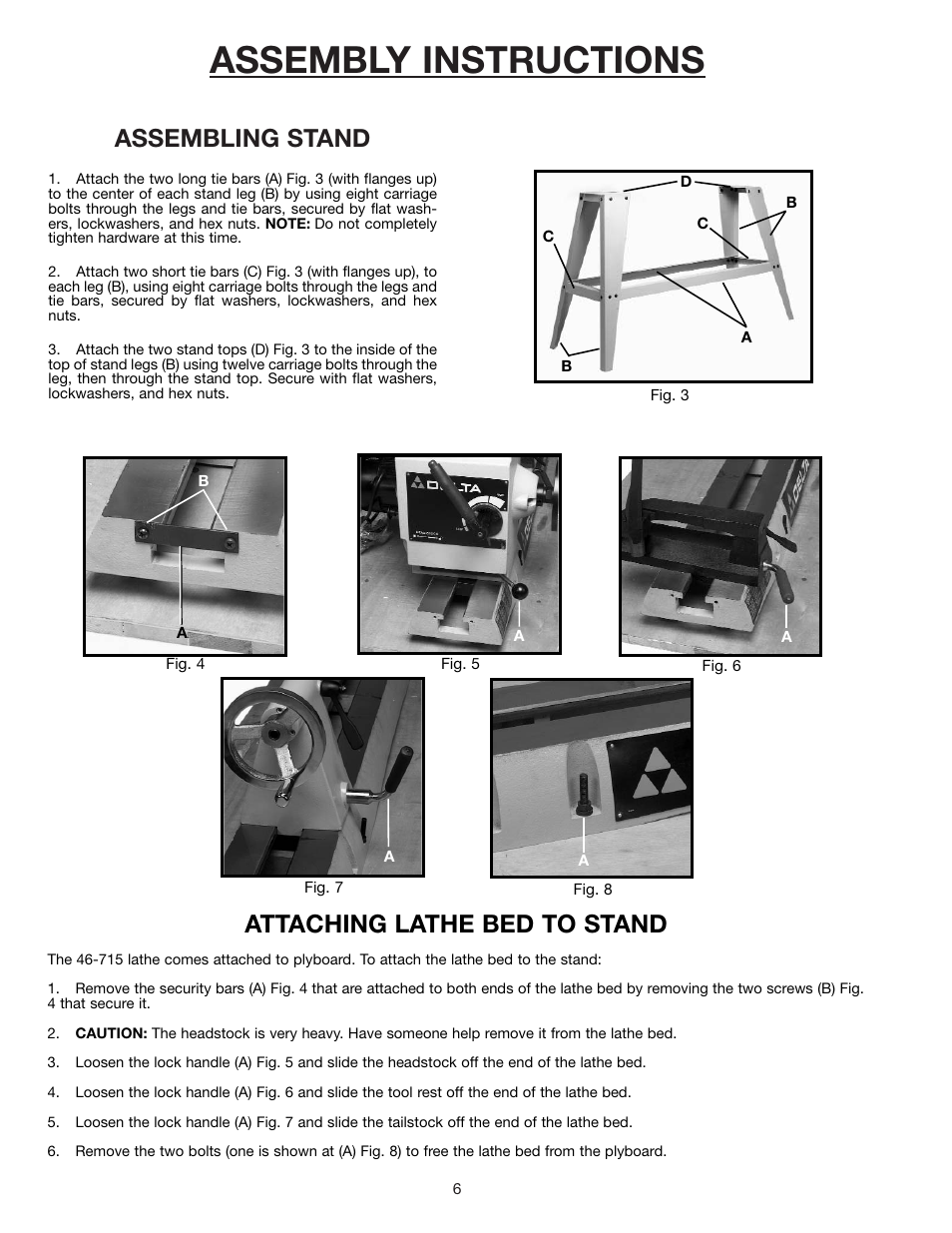 Assembly instructions, Assembling stand, Attaching lathe bed to stand | Delta 46-715 User Manual | Page 6 / 24