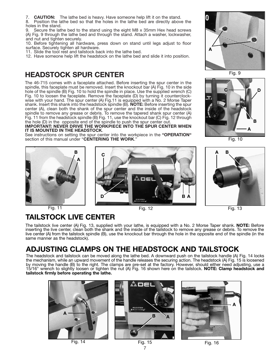 Headstock spur center, Tailstock live center, Adjusting clamps on the headstock and tailstock | Delta 46-715 User Manual | Page 7 / 24