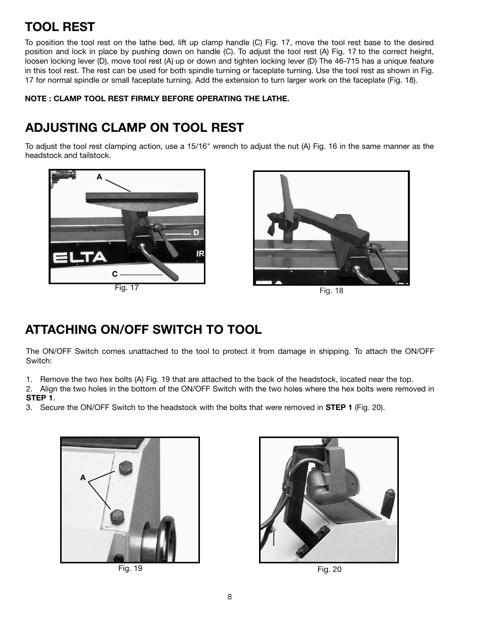 Tool rest, Adjusting clamp on tool rest, Attaching on/off switch to tool | Delta 46-715 User Manual | Page 8 / 24