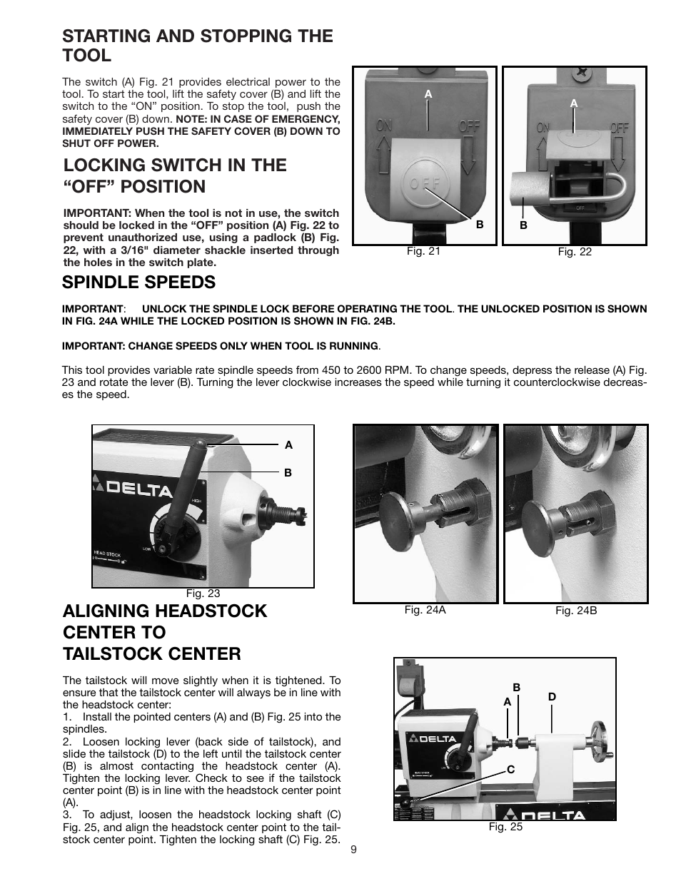 Starting and stopping the tool, Locking switch in the “off” position, Spindle speeds | Aligning headstock center to tailstock center | Delta 46-715 User Manual | Page 9 / 24