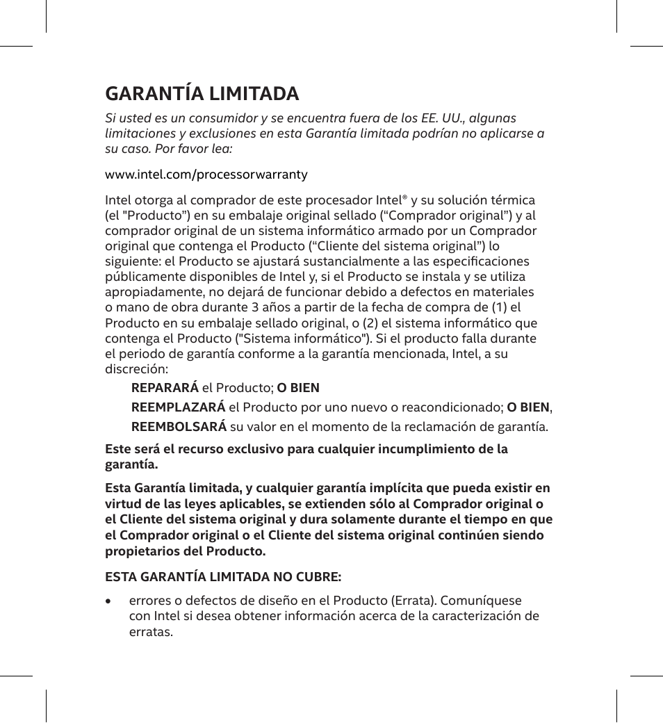 Garantía limitada | Intel Core i5-10400 2.9 GHz Six-Core LGA 1200 Processor User Manual | Page 17 / 36