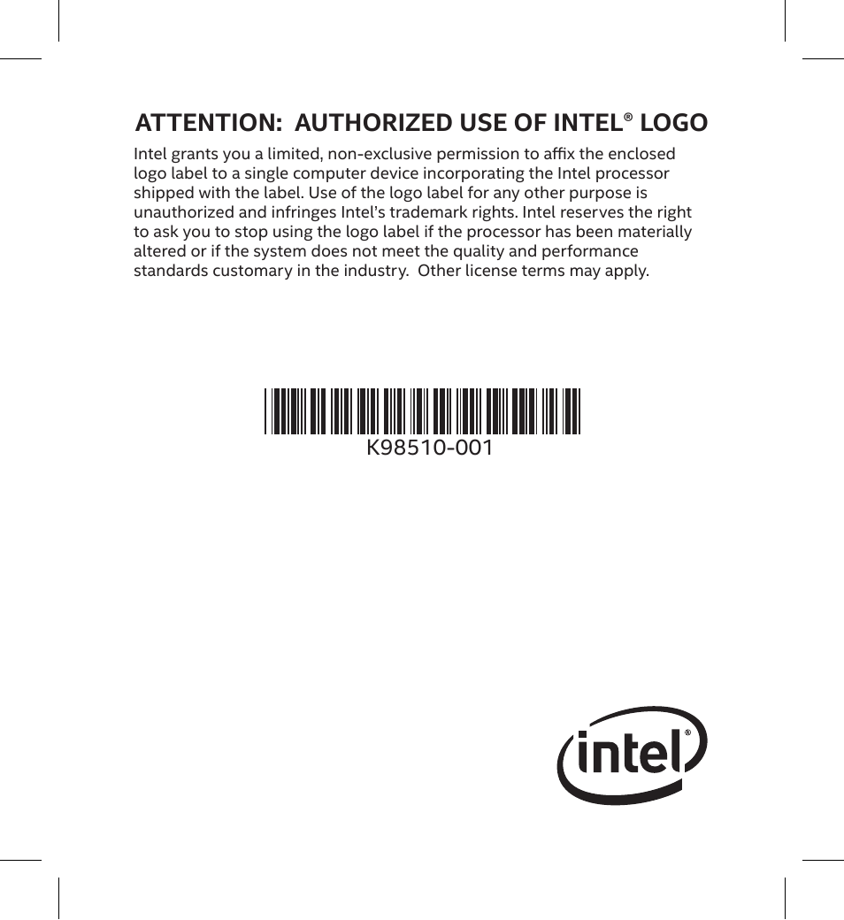 Attention: authorized use of intel® logo | Intel Core i5-10400 2.9 GHz Six-Core LGA 1200 Processor User Manual | Page 36 / 36