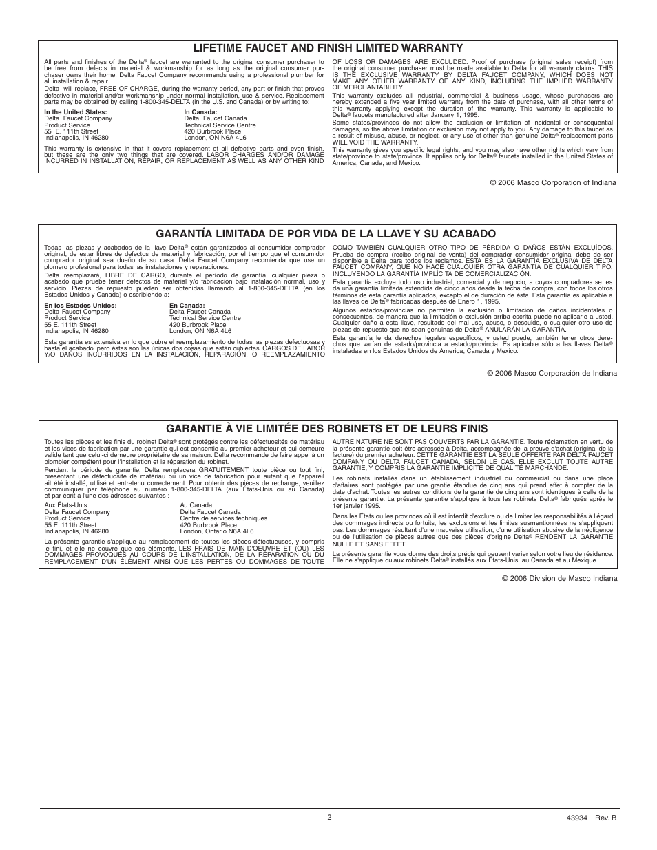 Lifetime faucet and finish limited warranty | Delta 50560 Series User Manual | Page 2 / 2