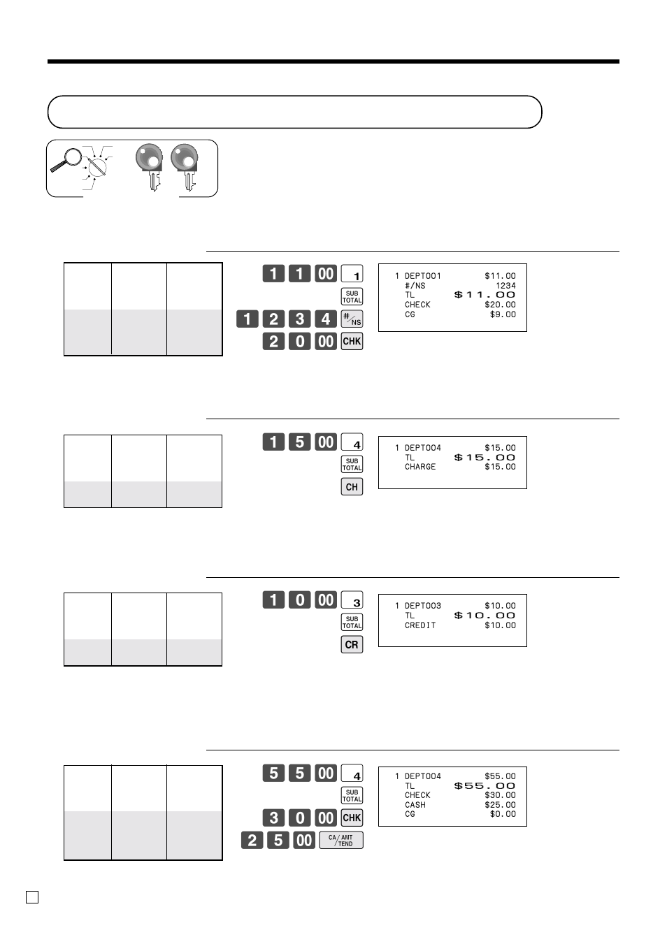 Registering credit and check payments, Basic operations and setups, $ s 30- k 25- f | $ s h, # s c | Casio PCR-T2100 User Manual | Page 38 / 96