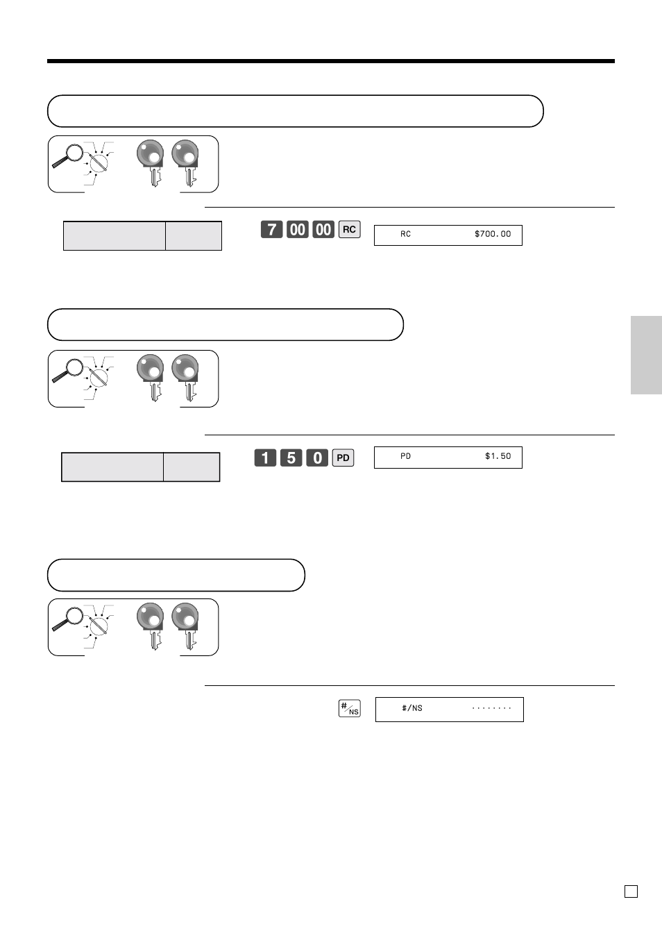 Registering money received on account, Registering money paid out, No sale registration | Basic operations and setups, 150 p | Casio PCR-T2100 User Manual | Page 41 / 96