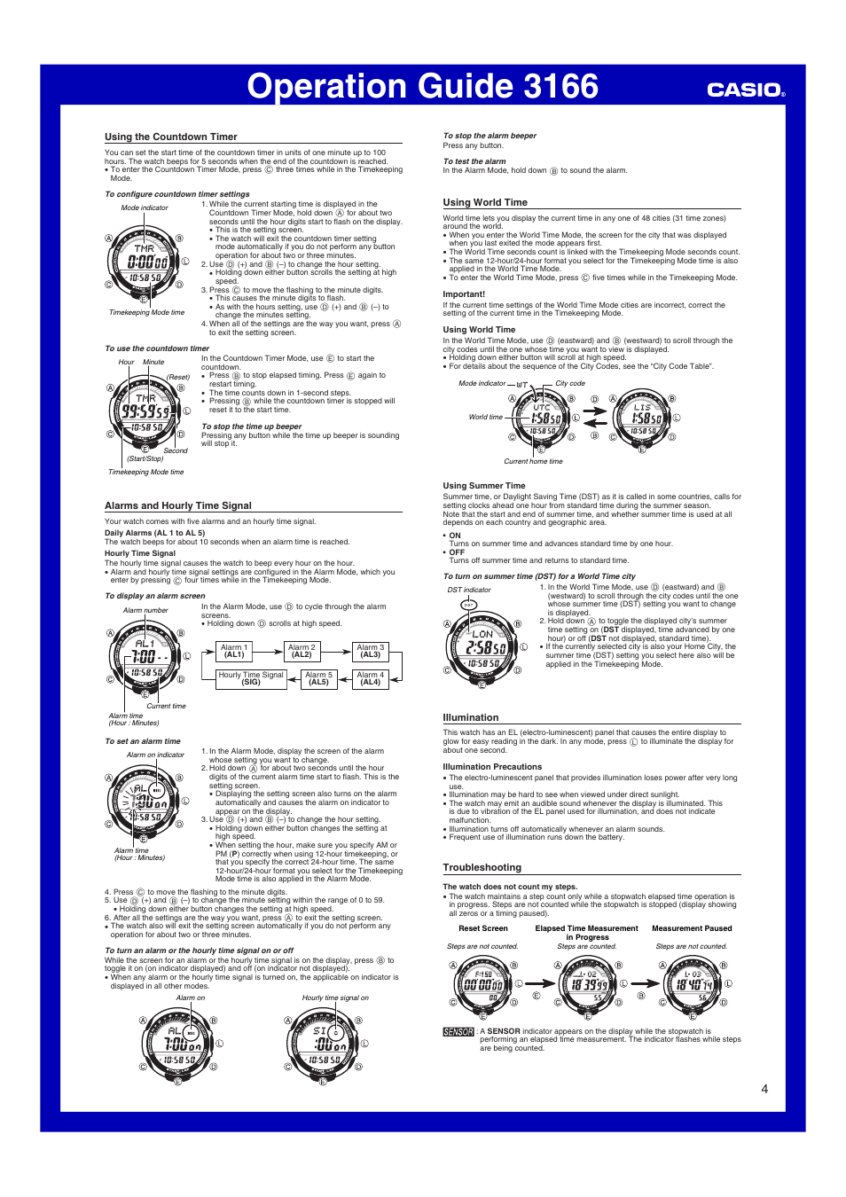 Using the countdown timer, Alarms and hourly time signal, Using world time | Illumination, Troubleshooting, Operation guide 3166 | Casio Operation Guide 3166 User Manual | Page 4 / 5