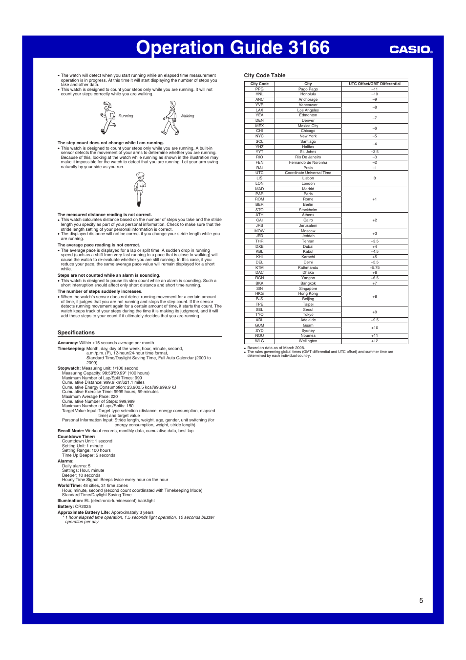 Speci cations, City code table, Operation guide 3166 | Casio Operation Guide 3166 User Manual | Page 5 / 5