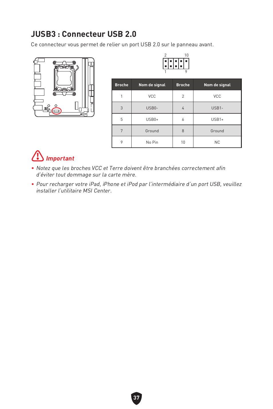 Jusb3 : connecteur usb 2.0, Important | MSI MPG B650I EDGE WIFI AM5 Mini-ITX Motherboard User Manual | Page 135 / 397