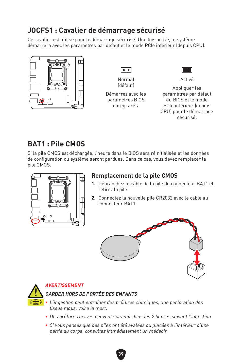 Jocfs1 : cavalier de démarrage sécurisé, Bat1 : pile cmos, Remplacement de la pile cmos | MSI MPG B650I EDGE WIFI AM5 Mini-ITX Motherboard User Manual | Page 137 / 397