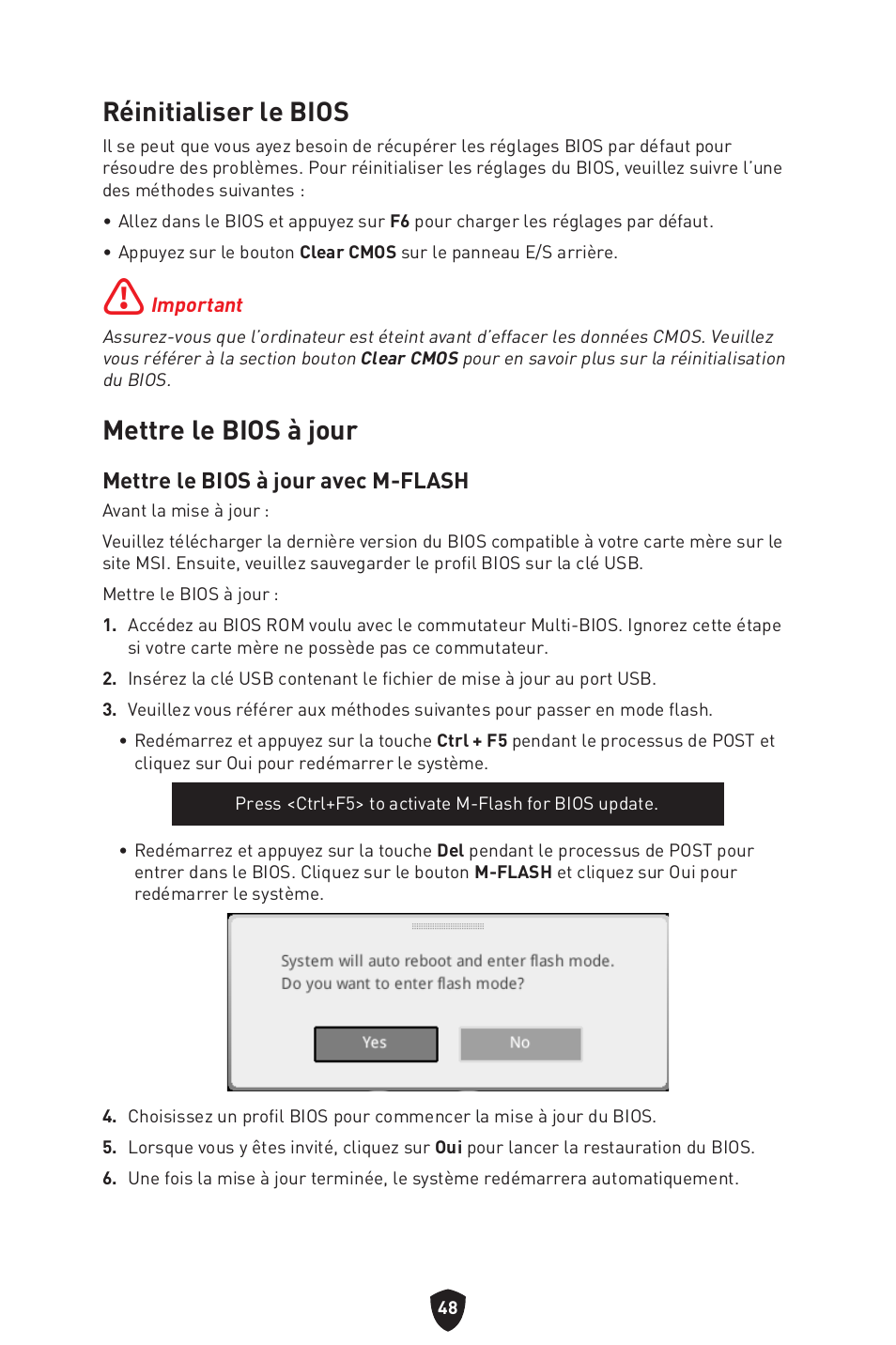 Réinitialiser le bios, Mettre le bios à jour, Mettre le bios à jour avec m-flash | MSI MPG B650I EDGE WIFI AM5 Mini-ITX Motherboard User Manual | Page 146 / 397
