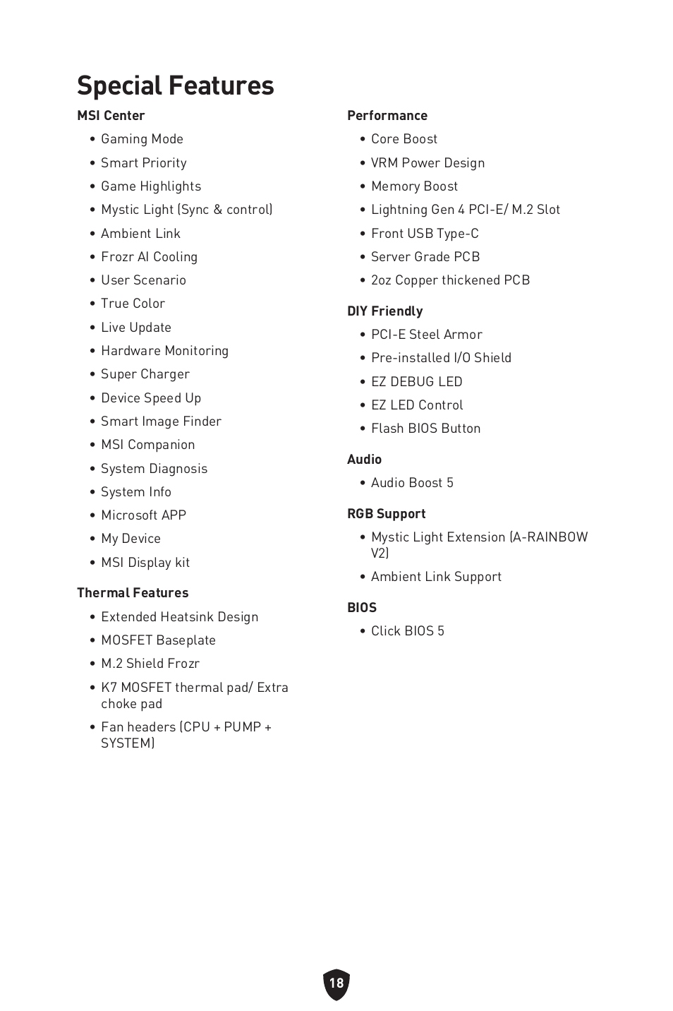 Special features | MSI MPG B650I EDGE WIFI AM5 Mini-ITX Motherboard User Manual | Page 20 / 397