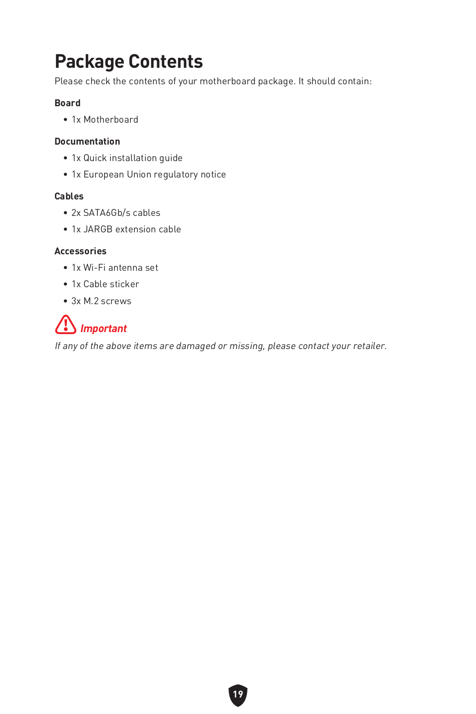 Package contents | MSI MPG B650I EDGE WIFI AM5 Mini-ITX Motherboard User Manual | Page 21 / 397