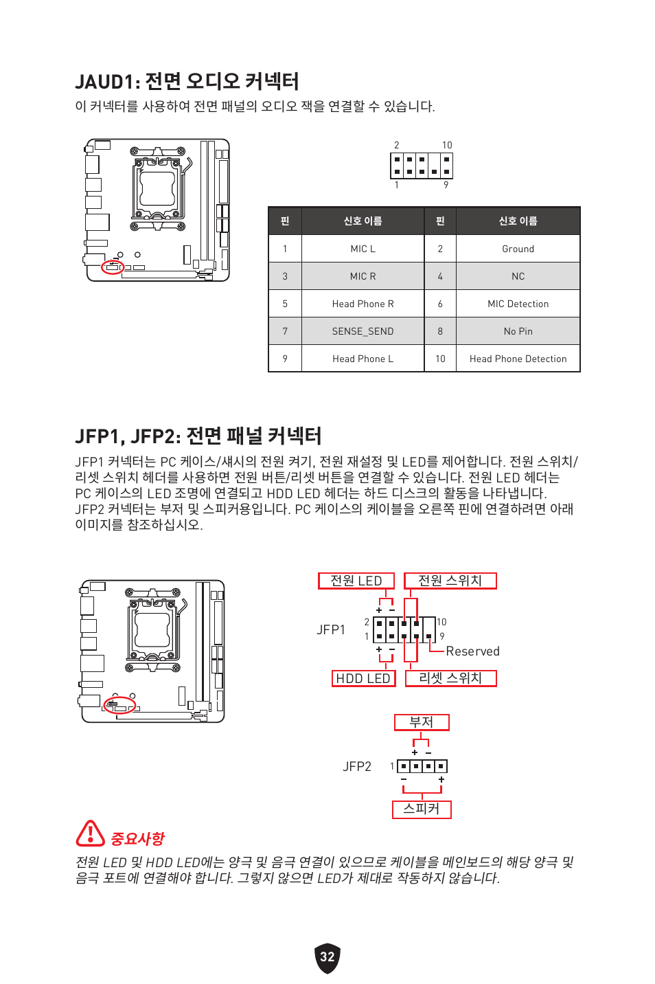 Jaud1: 전면 오디오 커넥터, Jfp1, jfp2: 전면 패널 커넥터, 중요사항 | MSI MPG B650I EDGE WIFI AM5 Mini-ITX Motherboard User Manual | Page 275 / 397