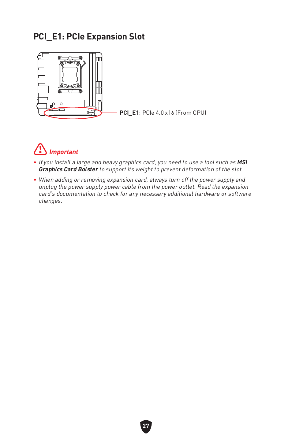 Pci_e1: pcie expansion slot | MSI MPG B650I EDGE WIFI AM5 Mini-ITX Motherboard User Manual | Page 29 / 397