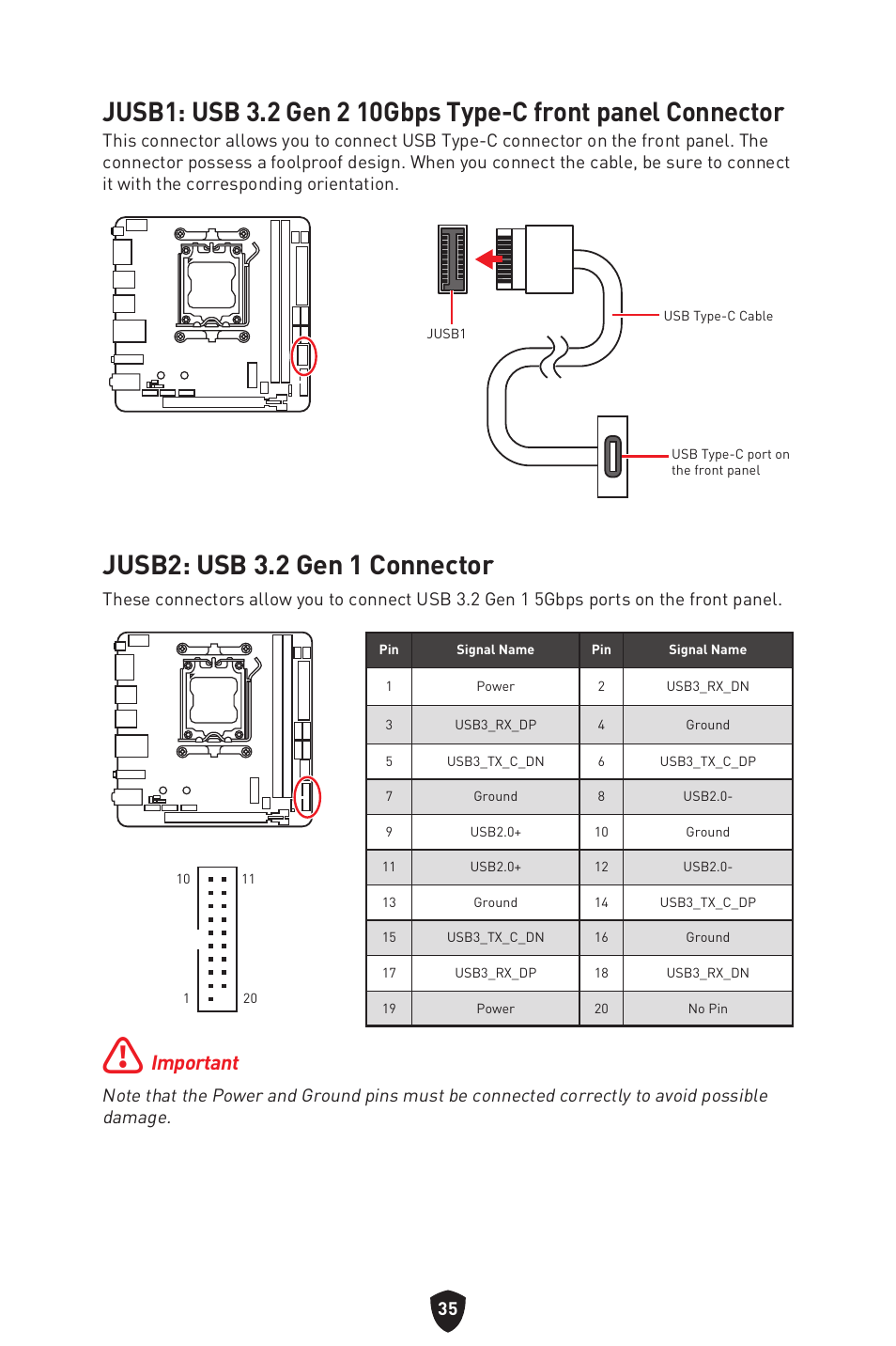 Jusb2: usb 3.2 gen 1 connector, Important | MSI MPG B650I EDGE WIFI AM5 Mini-ITX Motherboard User Manual | Page 37 / 397