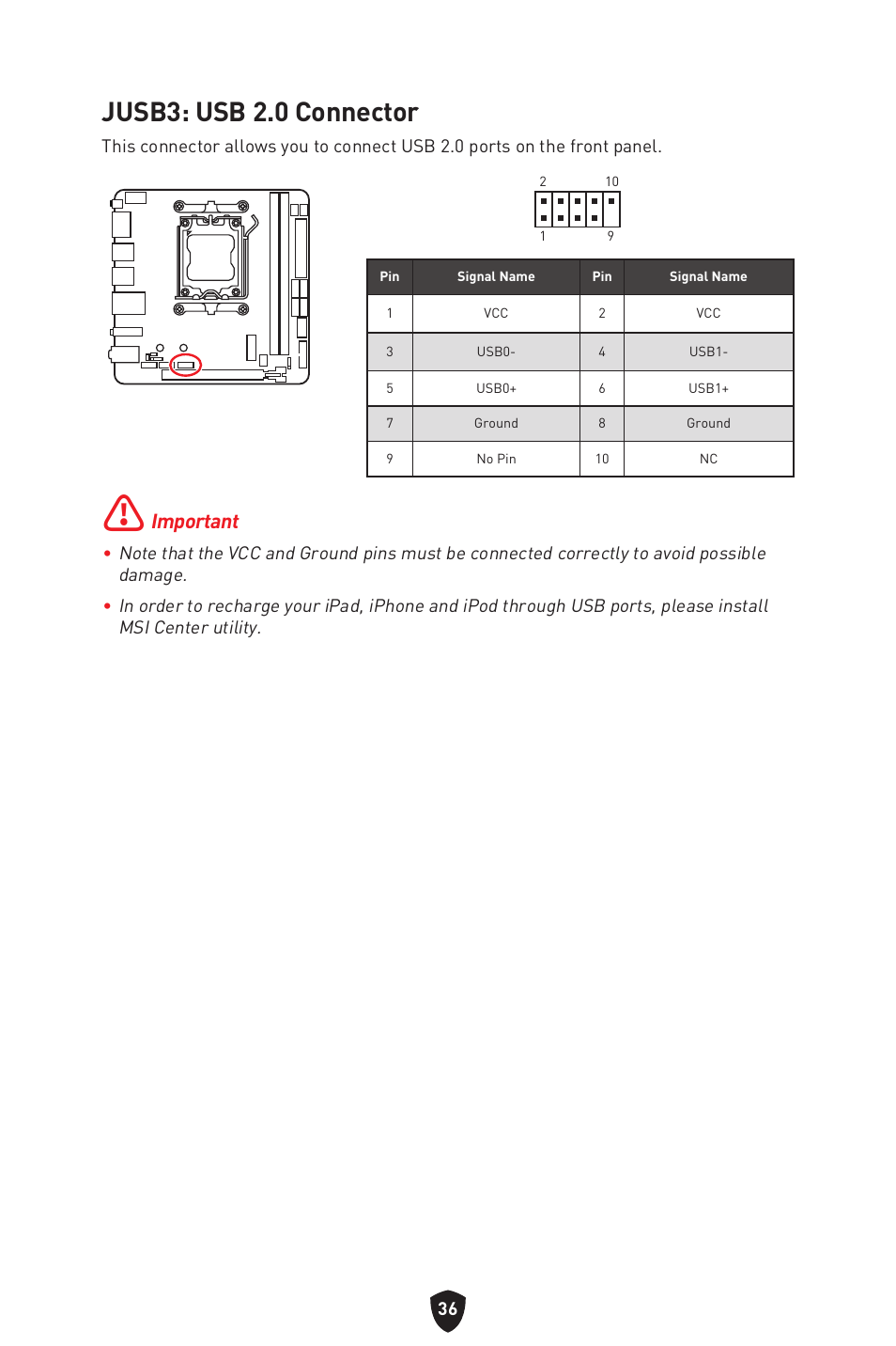 Jusb3: usb 2.0 connector, Important | MSI MPG B650I EDGE WIFI AM5 Mini-ITX Motherboard User Manual | Page 38 / 397