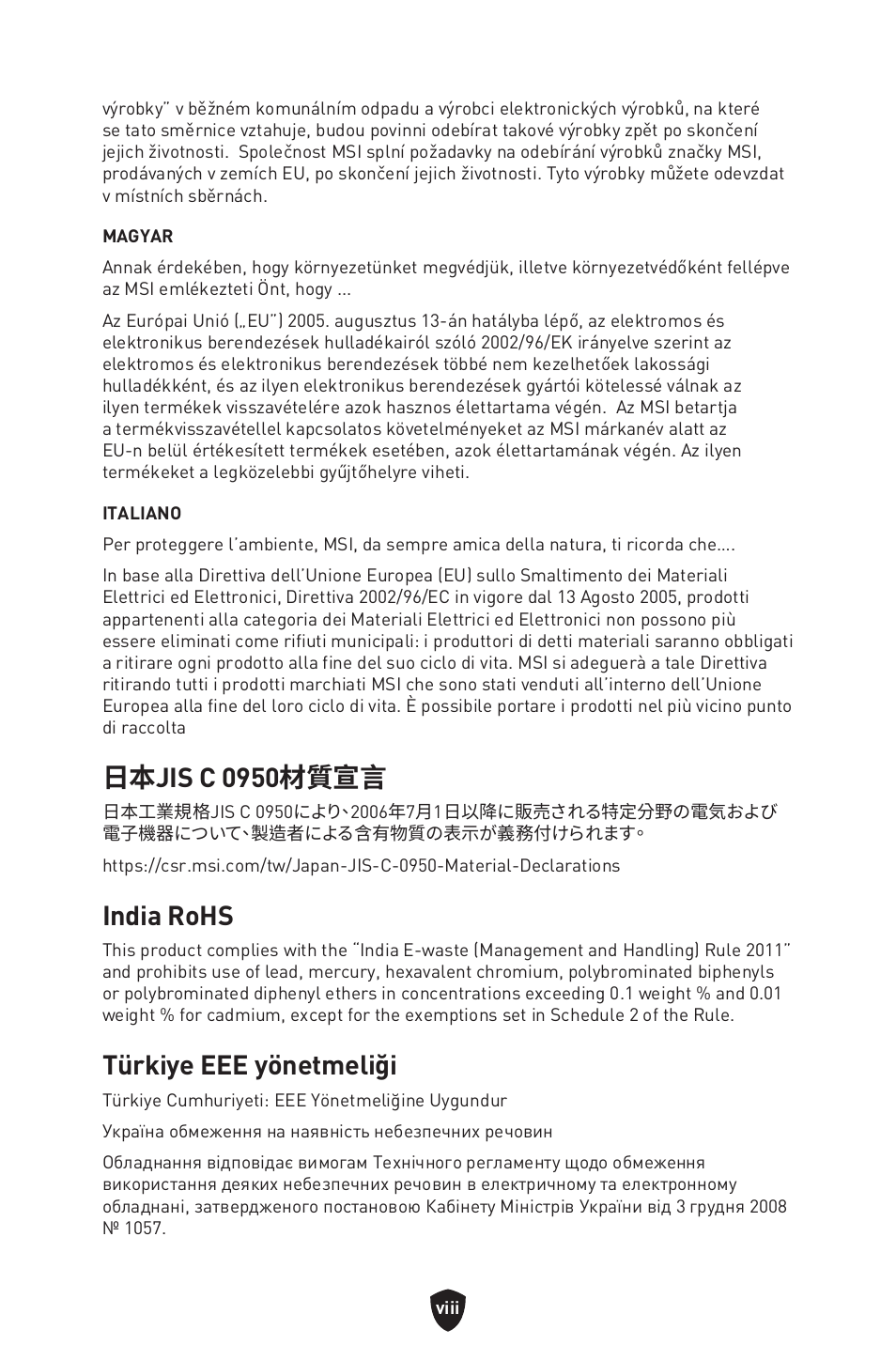 日本jis c 0950材質宣言, India rohs, Türkiye eee yönetmeliği | MSI MPG B650I EDGE WIFI AM5 Mini-ITX Motherboard User Manual | Page 395 / 397