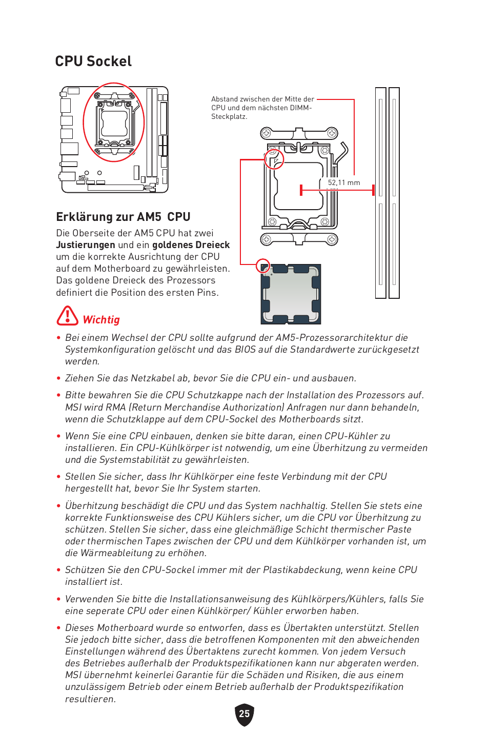 Cpu sockel, Erklärung zur am5 cpu | MSI MPG B650I EDGE WIFI AM5 Mini-ITX Motherboard User Manual | Page 75 / 397