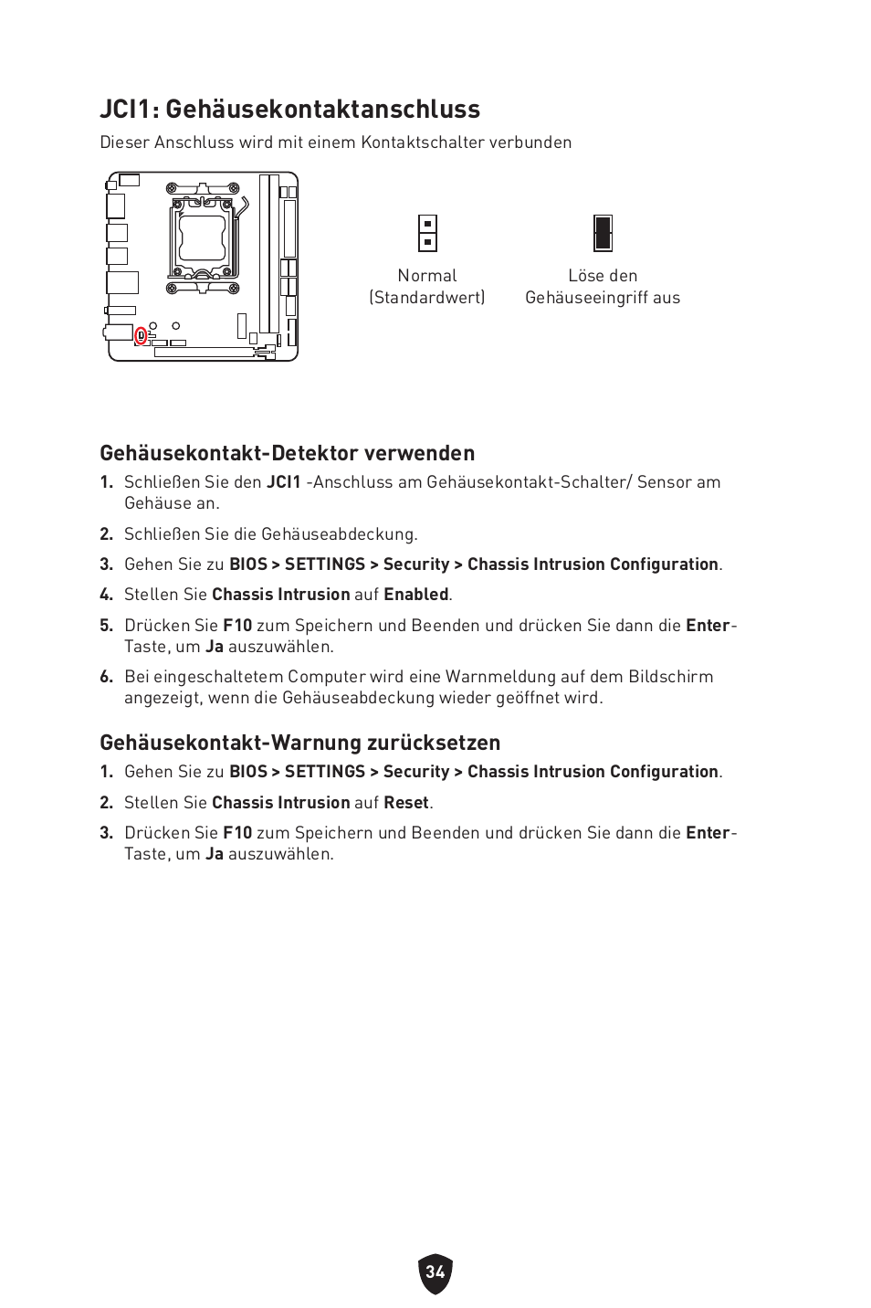 Jci1: gehäusekontaktanschluss, Gehäusekontakt-detektor verwenden, Gehäusekontakt-warnung zurücksetzen | MSI MPG B650I EDGE WIFI AM5 Mini-ITX Motherboard User Manual | Page 84 / 397