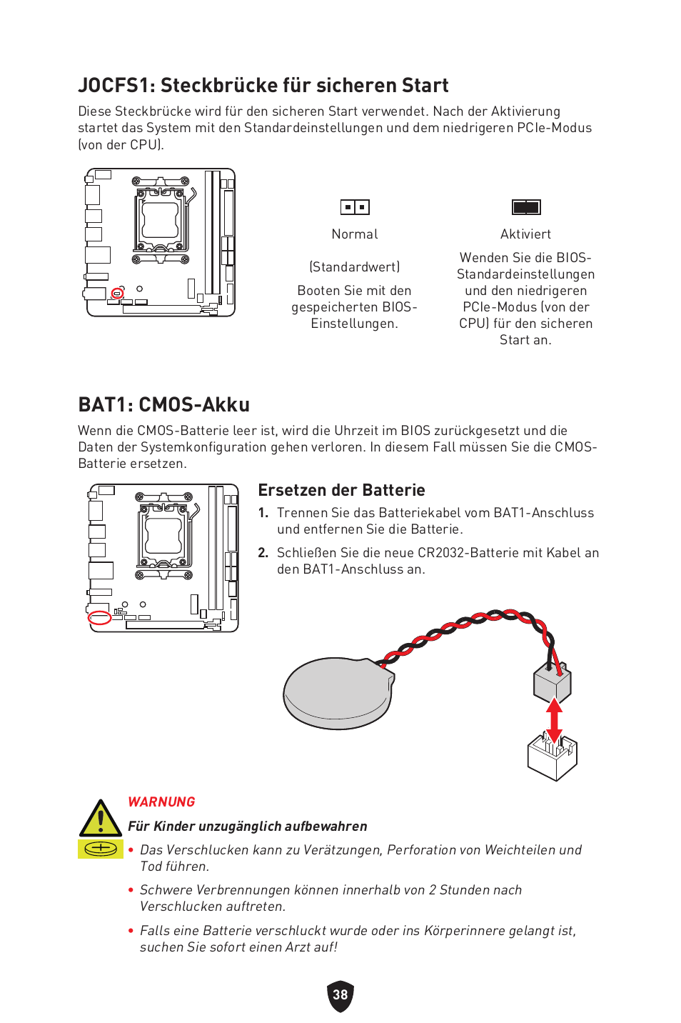 Jocfs1: steckbrücke für sicheren start, Bat1: cmos-akku, Ersetzen der batterie | MSI MPG B650I EDGE WIFI AM5 Mini-ITX Motherboard User Manual | Page 88 / 397