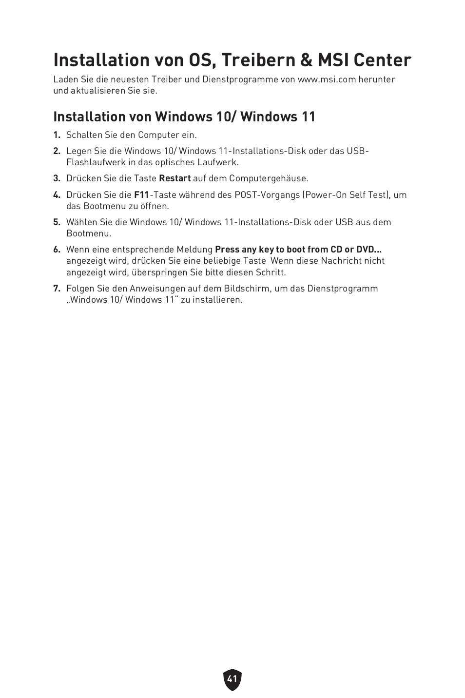 Installation von os, treibern & msi center, Installation von windows 10/ windows 11 | MSI MPG B650I EDGE WIFI AM5 Mini-ITX Motherboard User Manual | Page 91 / 397