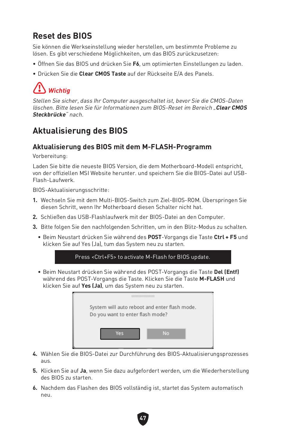Reset des bios, Aktualisierung des bios, Aktualisierung des bios mit dem m-flash-programm | MSI MPG B650I EDGE WIFI AM5 Mini-ITX Motherboard User Manual | Page 97 / 397
