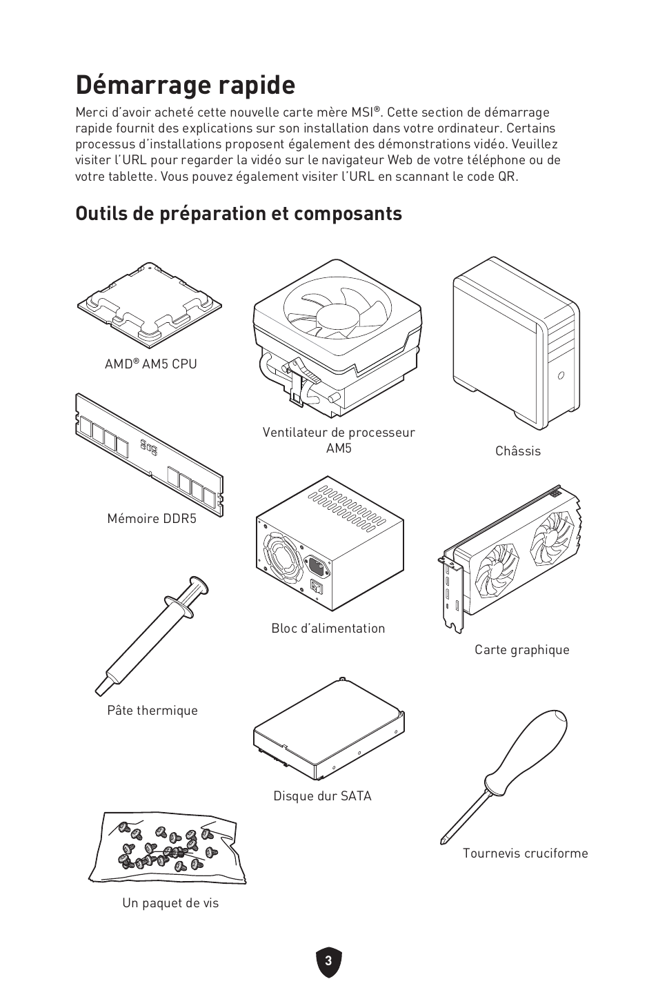 Démarrage rapide, Outils de préparation et composants | MSI B650 GAMING PLUS WIFI AM5 ATX Motherboard User Manual | Page 111 / 436