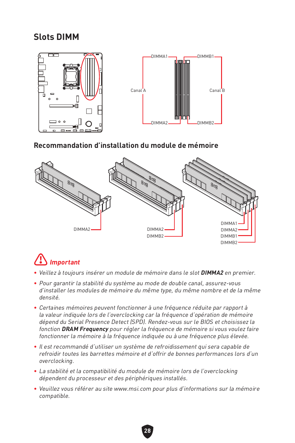 Slots dimm, Recommandation d’installation du module de mémoire | MSI B650 GAMING PLUS WIFI AM5 ATX Motherboard User Manual | Page 136 / 436