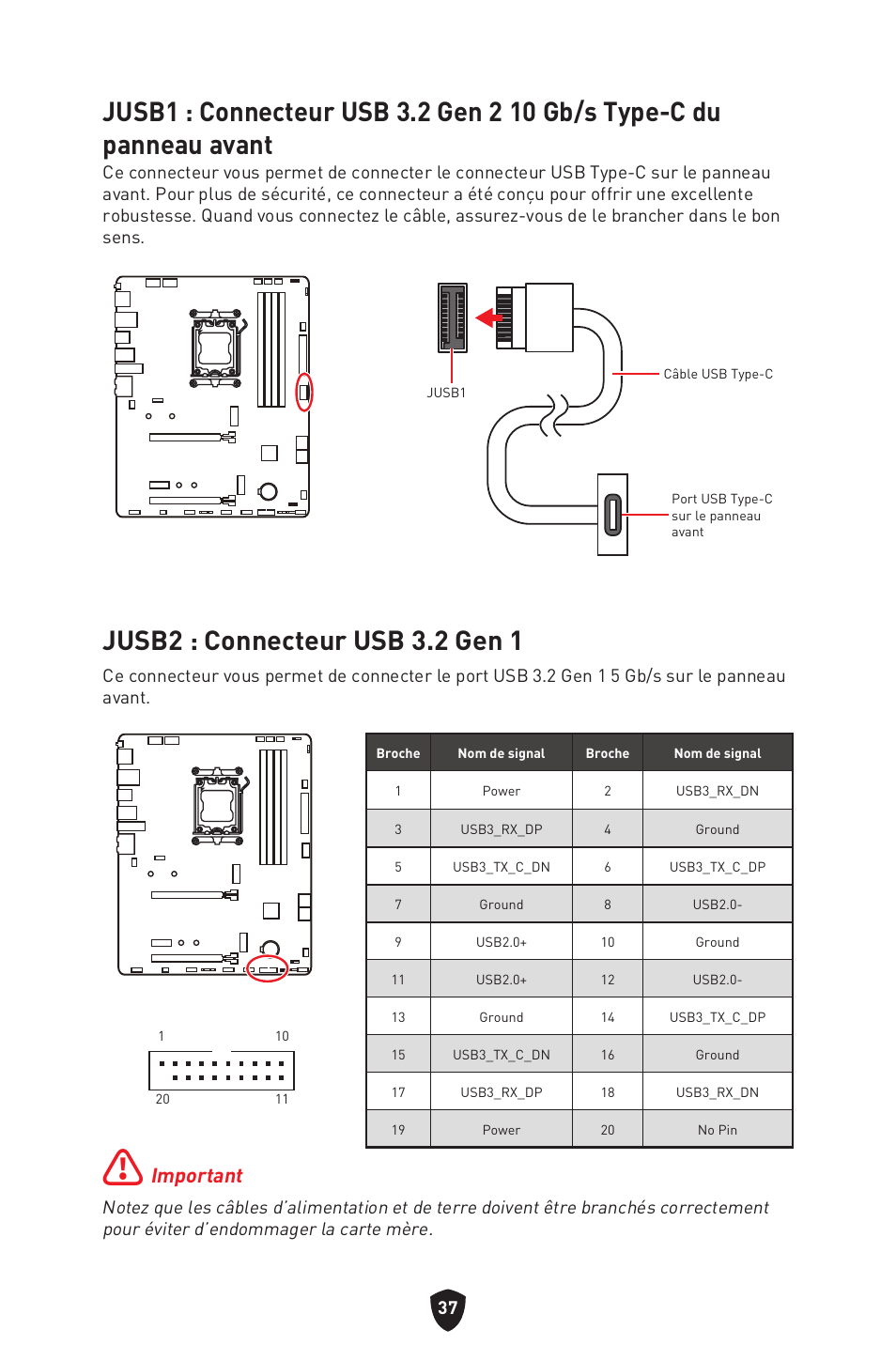 Jusb2 : connecteur usb 3.2 gen 1, Important | MSI B650 GAMING PLUS WIFI AM5 ATX Motherboard User Manual | Page 145 / 436