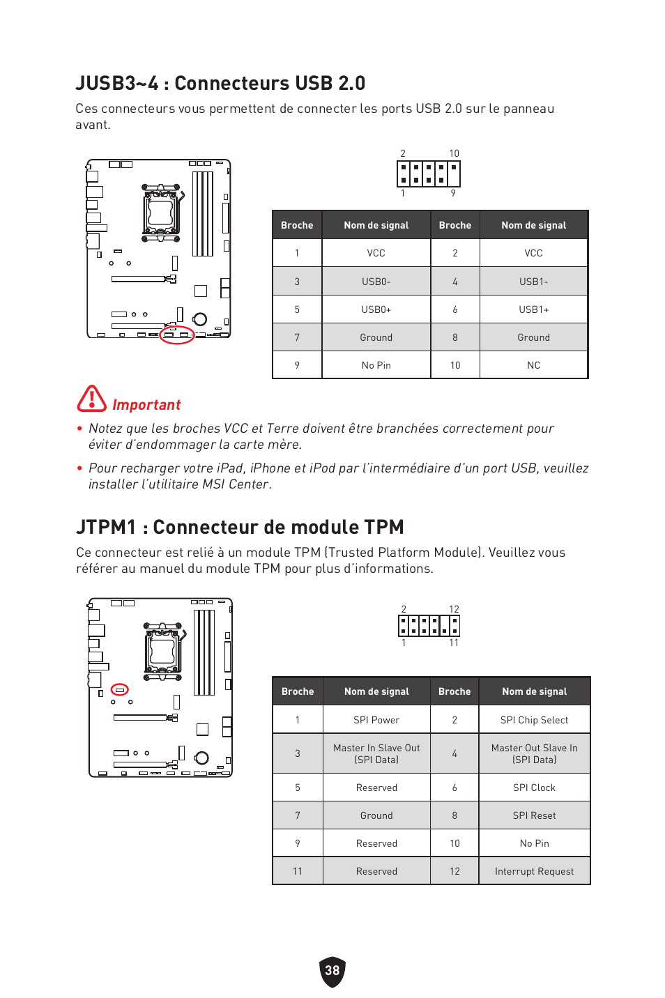 Jusb3~4 : connecteurs usb 2.0, Jtpm1 : connecteur de module tpm, Important | MSI B650 GAMING PLUS WIFI AM5 ATX Motherboard User Manual | Page 146 / 436