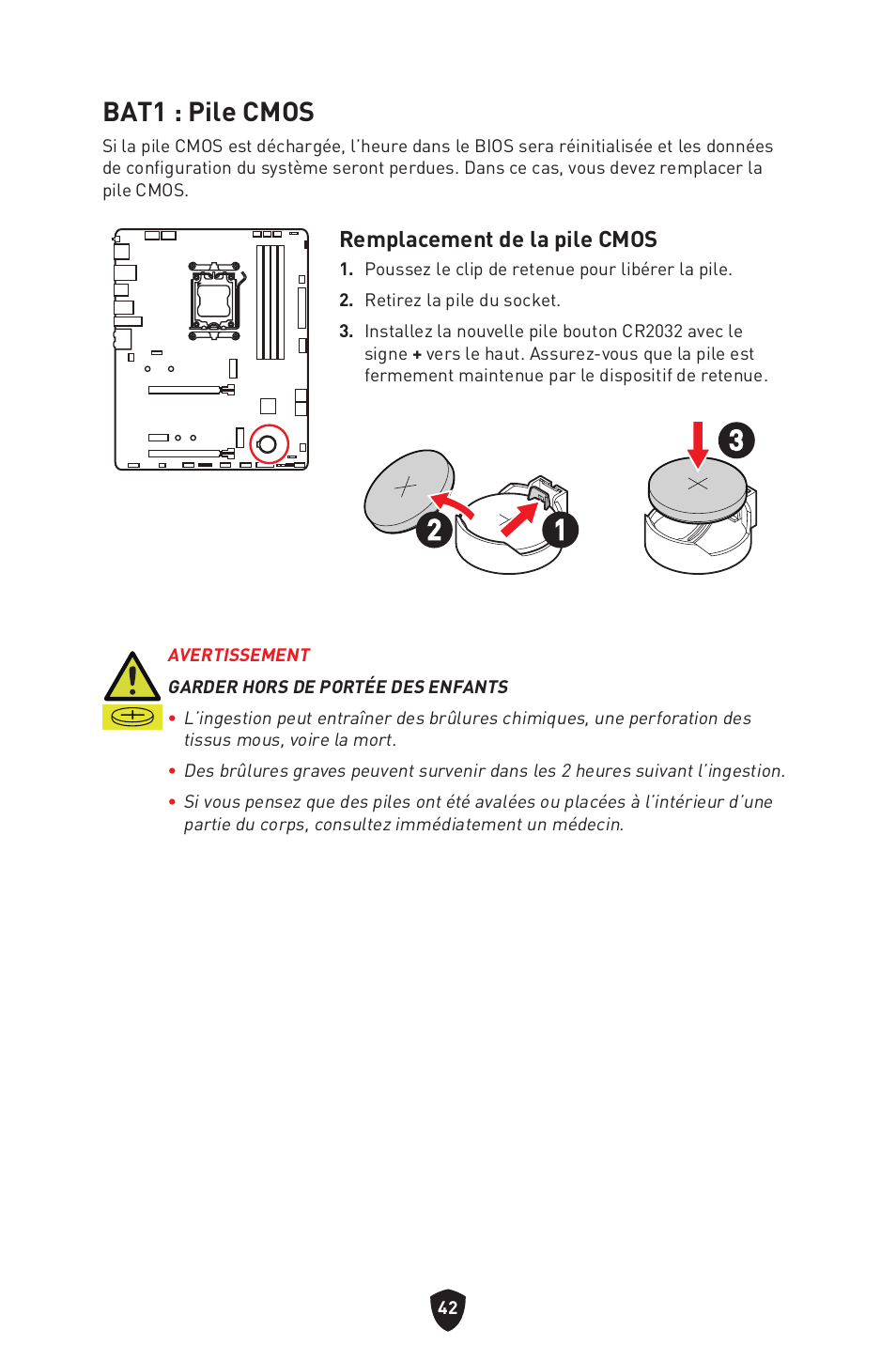 Bat1 : pile cmos | MSI B650 GAMING PLUS WIFI AM5 ATX Motherboard User Manual | Page 150 / 436