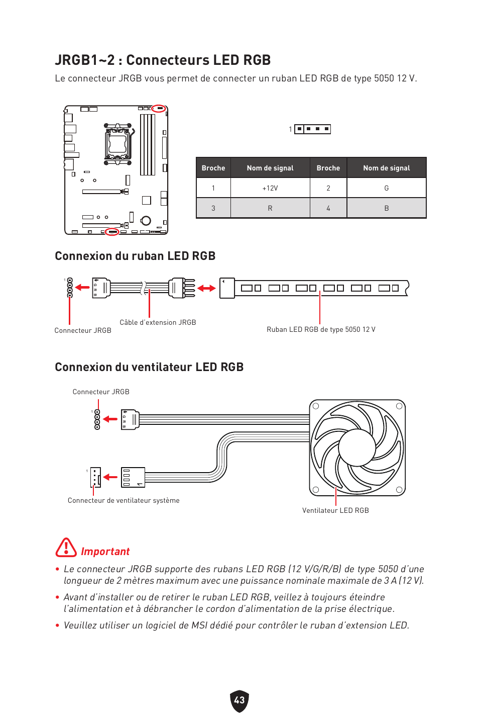 Jrgb1~2 : connecteurs led rgb, Connexion du ruban led rgb, Connexion du ventilateur led rgb | Important | MSI B650 GAMING PLUS WIFI AM5 ATX Motherboard User Manual | Page 151 / 436