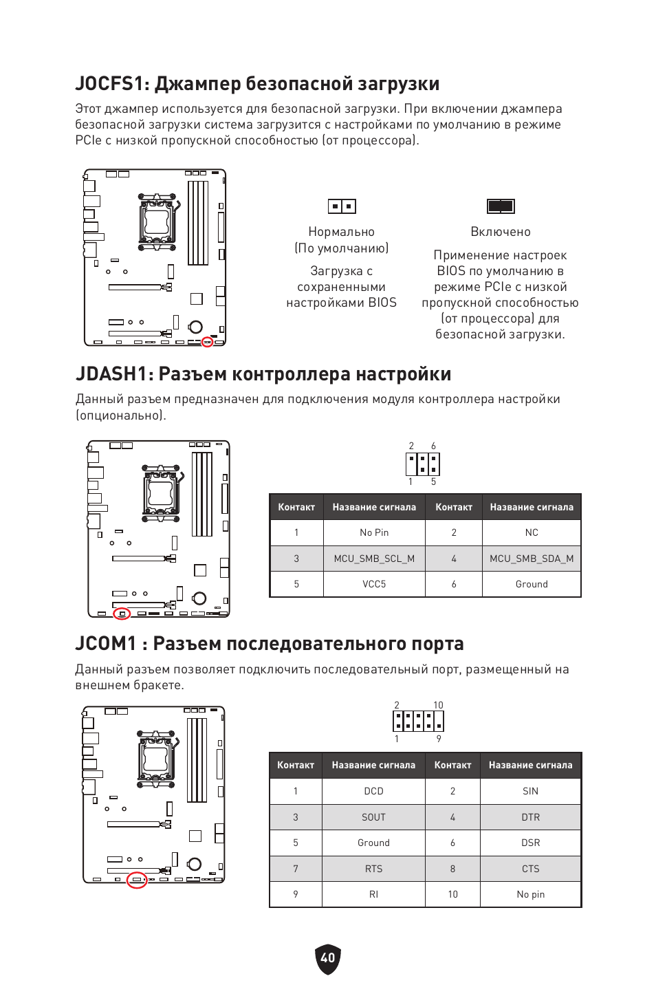 Jocfs1: джампер безопасной загрузки, Jdash1: разъем контроллера настройки, Jcom1 : разъем последовательного порта | MSI B650 GAMING PLUS WIFI AM5 ATX Motherboard User Manual | Page 201 / 436