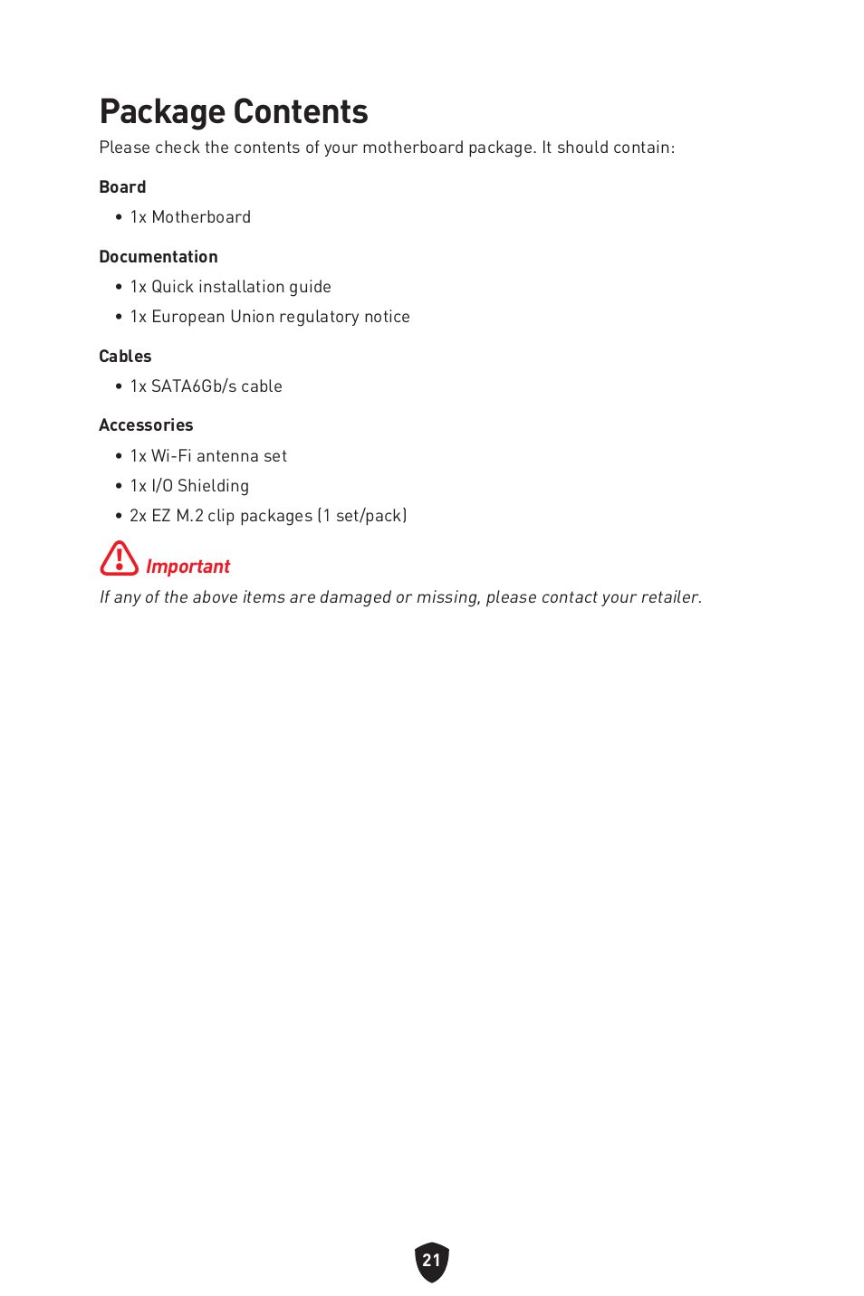 Package contents | MSI B650 GAMING PLUS WIFI AM5 ATX Motherboard User Manual | Page 23 / 436