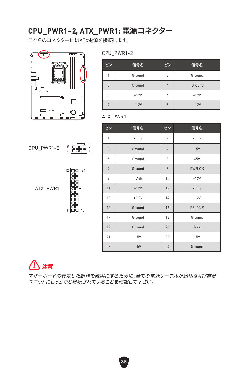 Cpu_pwr1~2, atx_pwr1: 電源コネクター, これらのコネクターにはatx電源を接続します。 cpu_pwr1~2, Atx_pwr1 | Cpu_pwr1~2 | MSI B650 GAMING PLUS WIFI AM5 ATX Motherboard User Manual | Page 249 / 436