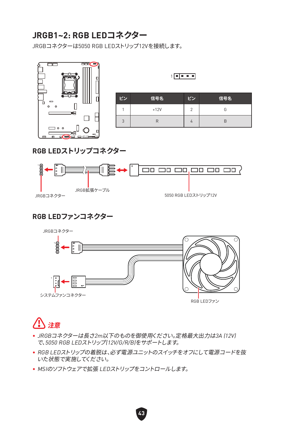 Jrgb1~2: rgb ledコネクター, Rgb ledストリップコネクター, Rgb ledファンコネクター | MSI B650 GAMING PLUS WIFI AM5 ATX Motherboard User Manual | Page 257 / 436