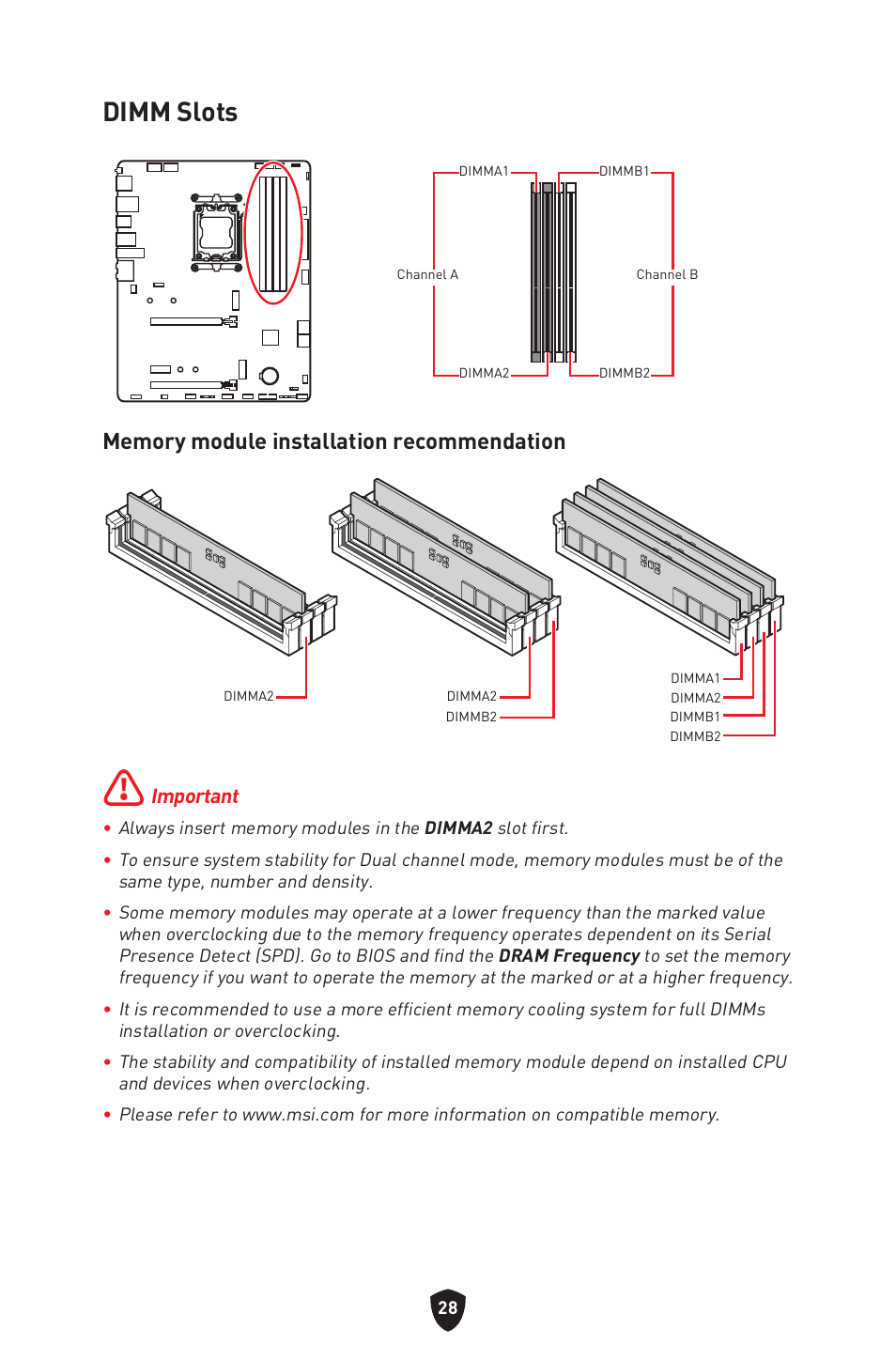 Dimm slots | MSI B650 GAMING PLUS WIFI AM5 ATX Motherboard User Manual | Page 30 / 436
