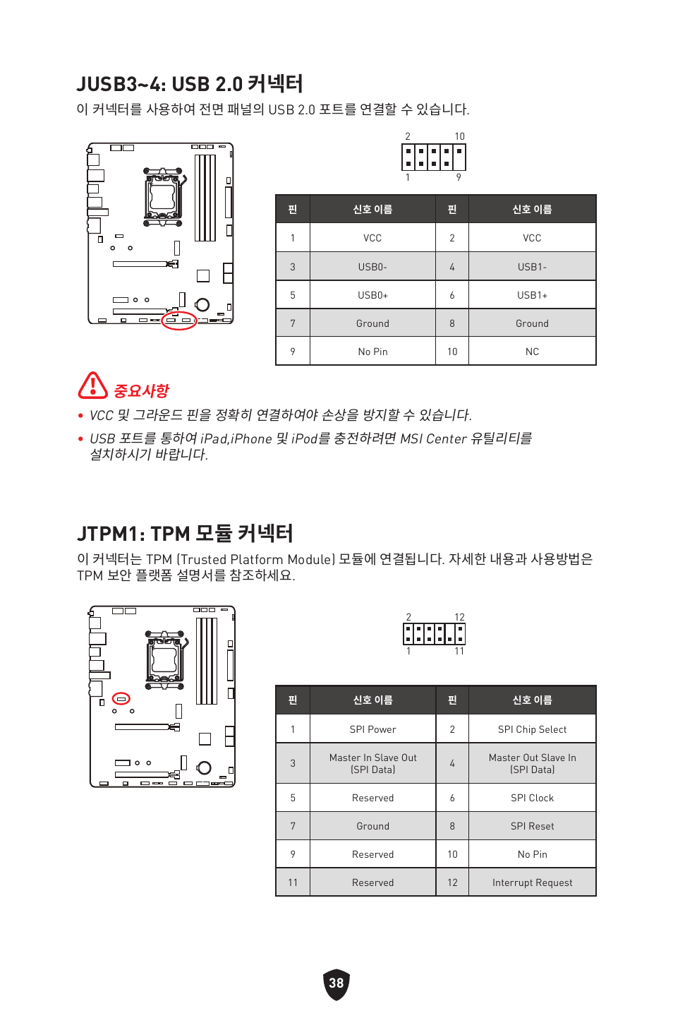 Jusb3~4: usb 2.0 커넥터, Jtpm1: tpm 모듈 커넥터, 중요사항 | MSI B650 GAMING PLUS WIFI AM5 ATX Motherboard User Manual | Page 305 / 436