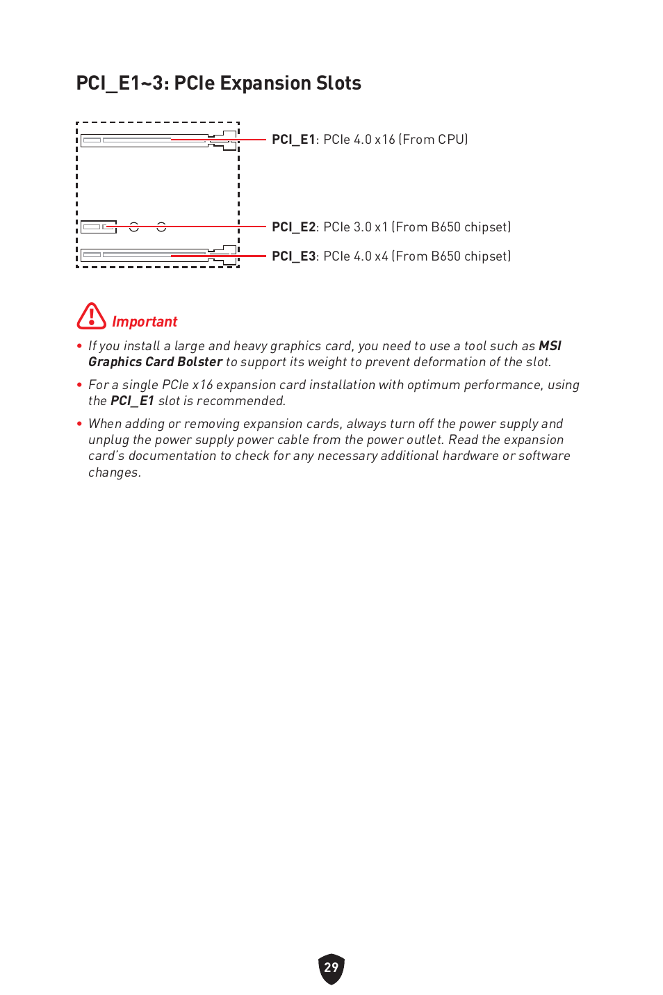 Pci_e1~3: pcie expansion slots | MSI B650 GAMING PLUS WIFI AM5 ATX Motherboard User Manual | Page 31 / 436