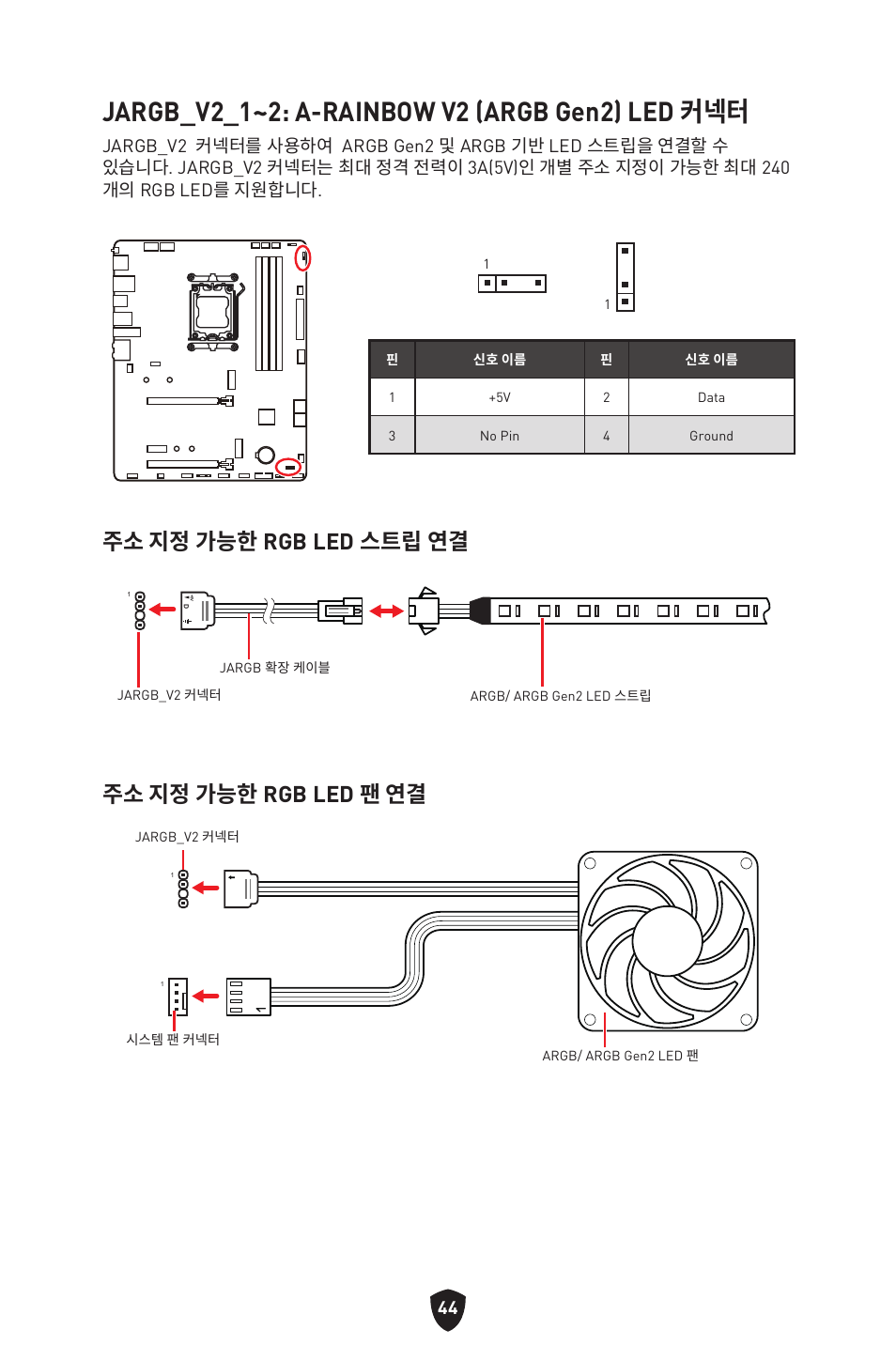 Jargb_v2_1~2: a-rainbow v2 (argb gen2) led 커넥터, 주소 지정 가능한 rgb led 스트립 연결 주소 지정 가능한 rgb led 팬 연결 | MSI B650 GAMING PLUS WIFI AM5 ATX Motherboard User Manual | Page 311 / 436