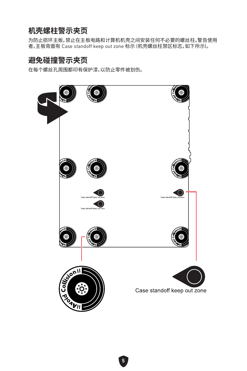 机壳螺柱警示夹页, 避免碰撞警示夹页 | MSI B650 GAMING PLUS WIFI AM5 ATX Motherboard User Manual | Page 378 / 436
